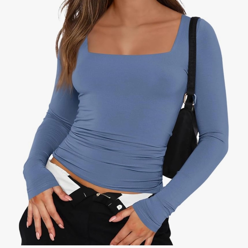 Fitted Blue Long Sleeve Top Square Neck Too - S